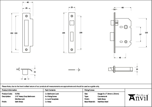 Satin Brass 2½" Heavy Duty Bathroom Mortice Lock