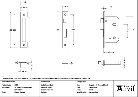 Polished Chrome 2½" Heavy Duty Bathroom Mortice Lock