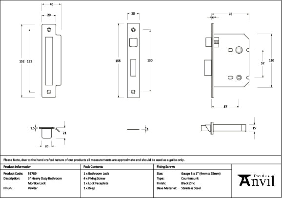 Pewter 3" Heavy Duty Bathroom Mortice Lock