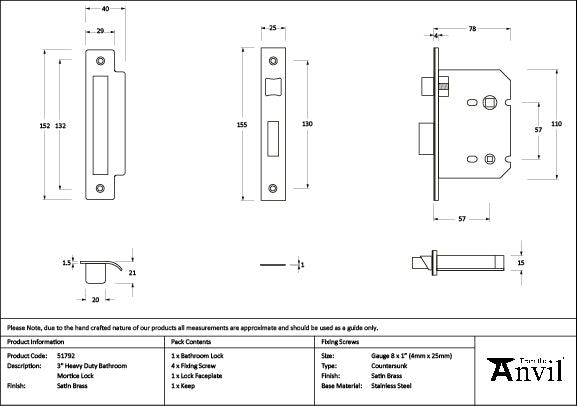 Satin Brass 3" Heavy Duty Bathroom Mortice Lock