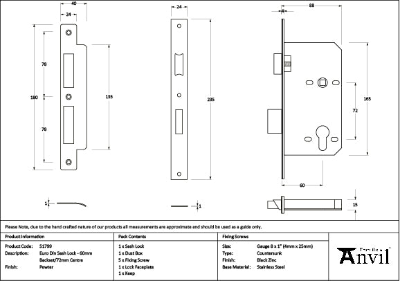 Pewter Euro Din Sash Lock - 60mm Backset/72mm Centre