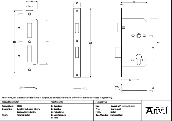 Polished Nickel Euro Din Sash Lock - 60mm Backset/72mm Centre