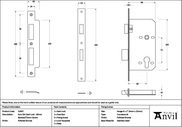 Polished Bronze Euro Din Sash Lock - 60mm Backset/72mm Centre