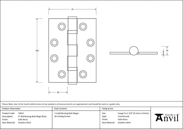 Ball Bearing Butt Hinge (pair) SS by From The Anvil