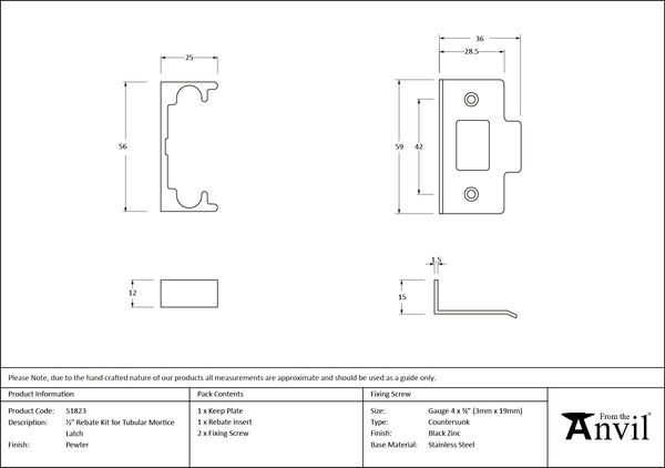 ½" Rebate Kit for Tubular Mortice Latch by From The Anvil