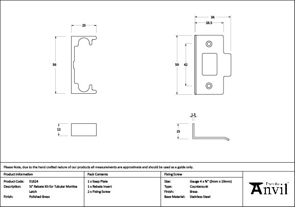 Polished Brass ½" Rebate Kit for Tubular Mortice Latch