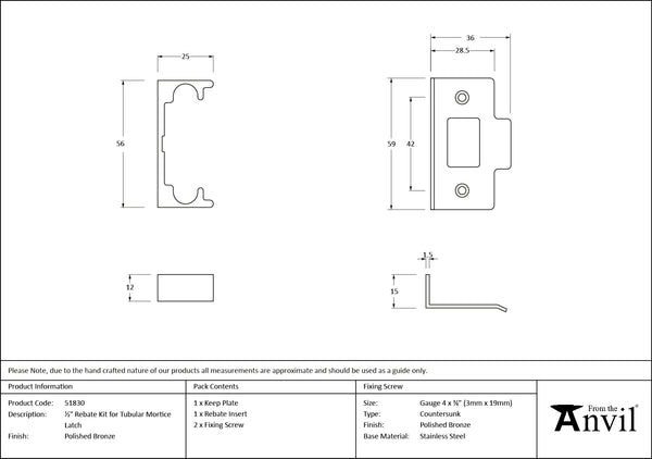 ½" Rebate Kit for Tubular Mortice Latch by From The Anvil