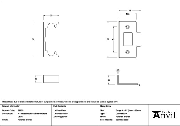 Polished Bronze ½" Rebate Kit for Tubular Mortice Latch