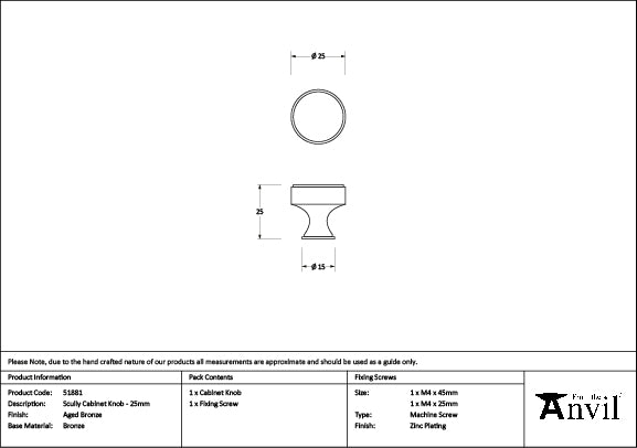 Aged Bronze Scully Cabinet Knob - 25mm