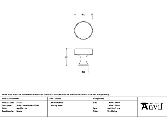 Aged Bronze Scully Cabinet Knob - 32mm