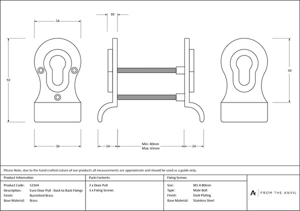 50mm Euro Door Pull (Back to Back Fixings) by From The Anvil
