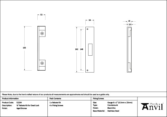 Aged Bronze ½" Rebate Kit for Dead Lock