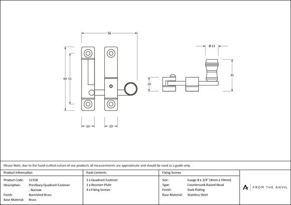 Prestbury Quadrant Fastener - Narrow by From The Anvil