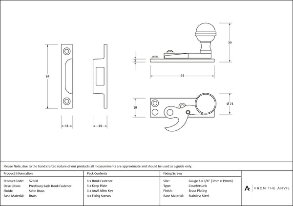 Prestbury Sash Hook Fastener by From The Anvil