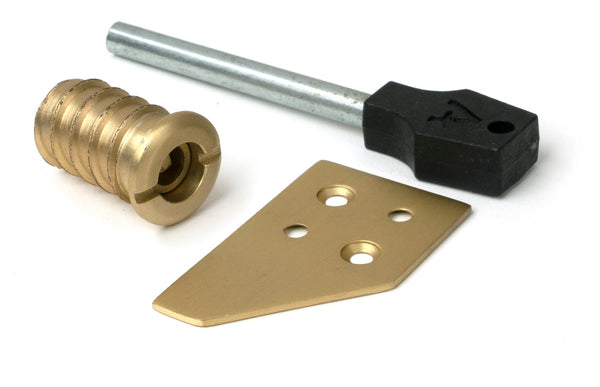 From The Anvil's Satin Brass Key-Flush Sash Stop