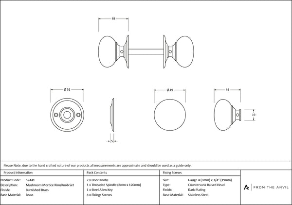 Mushroom Mortice/Rim Knob Set by From The Anvil