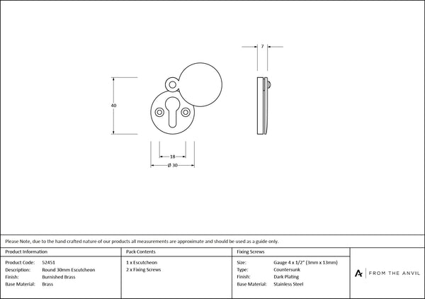 30mm Round Escutcheon by From The Anvil