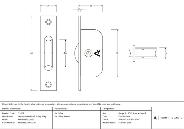 Square Ended Sash Pulley 75kg by From The Anvil
