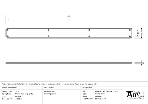 Beeswax 800mm Plain Fingerplate