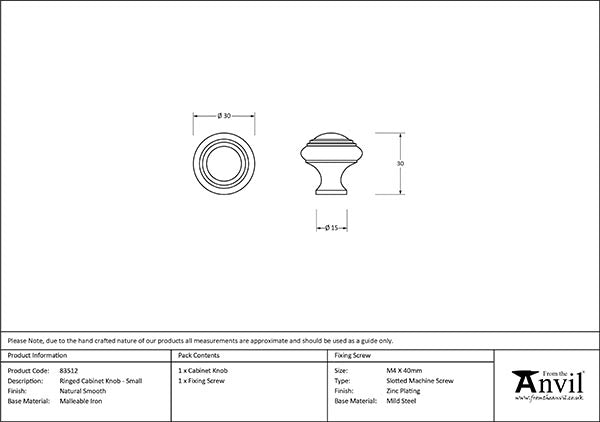 Natural Smooth Ringed Cabinet Knob - Small