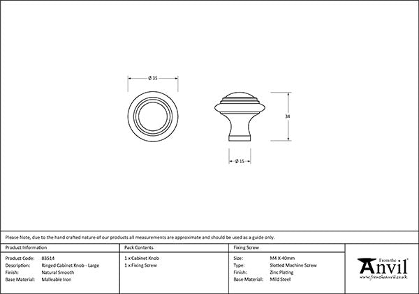 Natural Smooth Ringed Cabinet Knob - Large