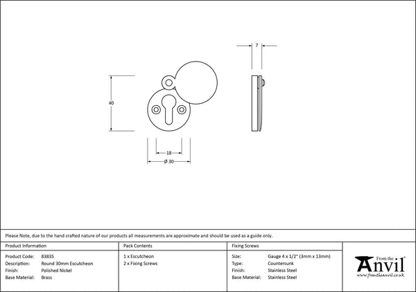 30mm Round Escutcheon by From The Anvil