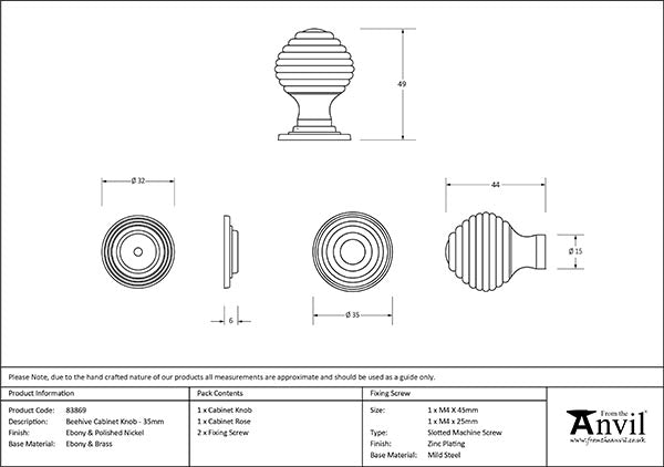 Ebony and PN Beehive Cabinet Knob 35mm