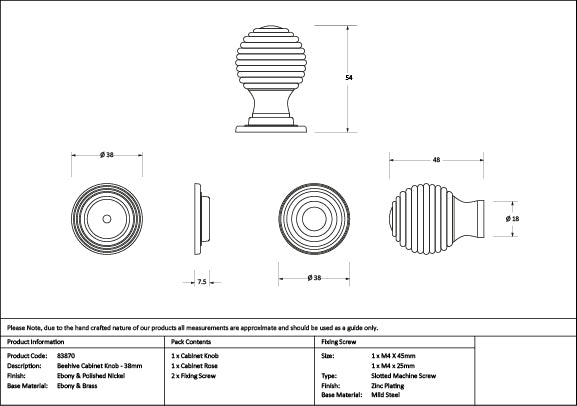 Ebony and PN Beehive Cabinet Knob 38mm