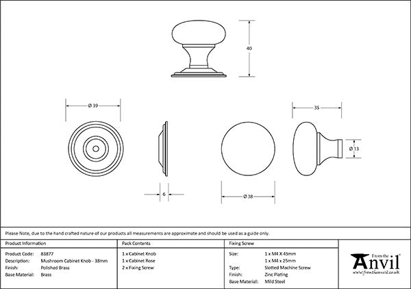 Polished Brass Mushroom Cabinet Knob 38mm