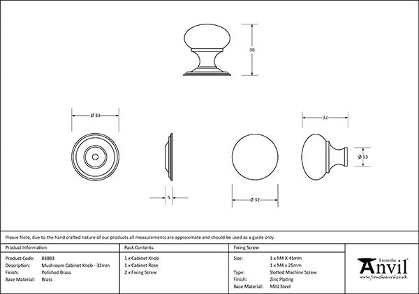 Polished Brass Mushroom Cabinet Knob 32mm