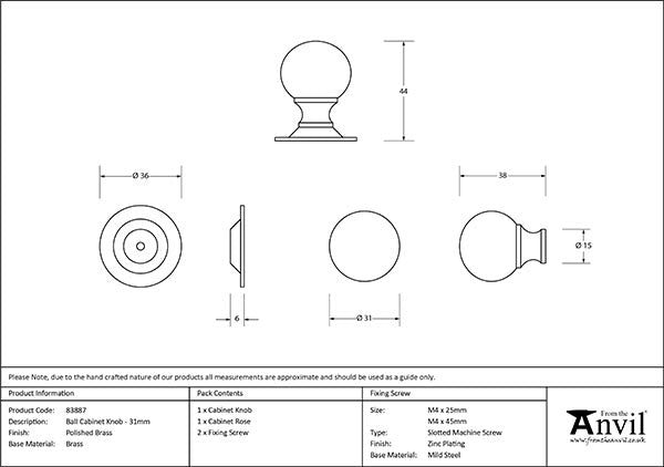 Polished Brass Ball Cabinet Knob 31mm