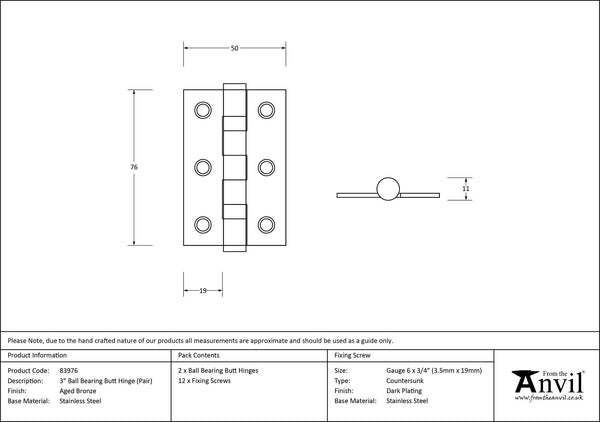 Ball Bearing Butt Hinge (pair) SS by From The Anvil