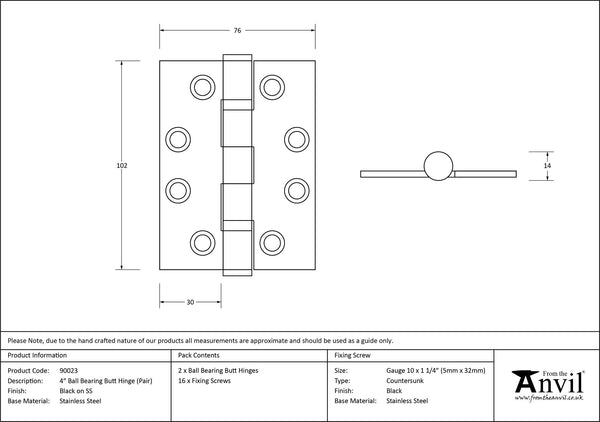 Ball Bearing Butt Hinge (pair) SS by From The Anvil