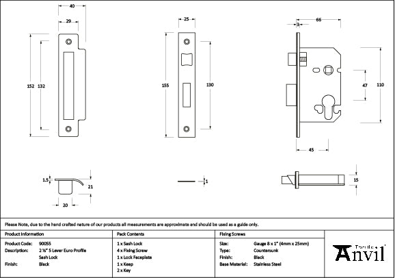 Black 2½" Euro Profile Sash Lock