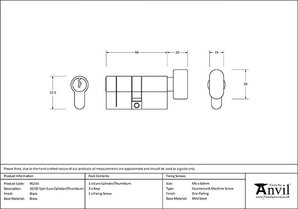 Black 30/30 6pin Euro Cylinder/Thumbturn