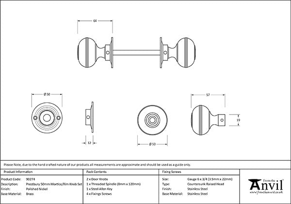 Polished Chrome 50mm Prestbury Mortice/Rim Knob Set