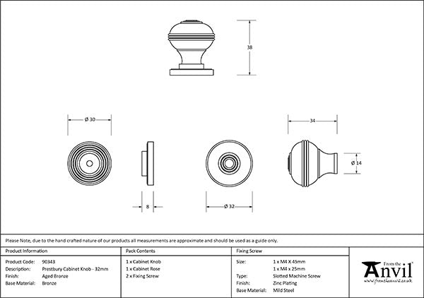 Aged Bronze Prestbury Cabinet Knob 32mm