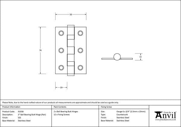 Ball Bearing Butt Hinge (pair) SS by From The Anvil