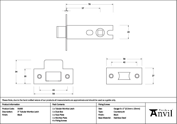 Black 3" Tubular Mortice Latch