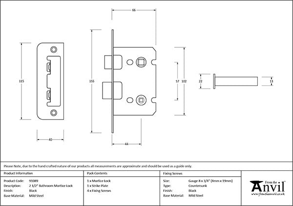 Black 2½" Bathroom Mortice Lock