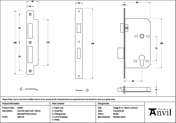 SS 60mm Backset 72mm Centre - Euro Sashlock