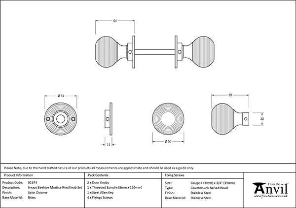 Satin Chrome Heavy Beehive Mortice/Rim Knob Set