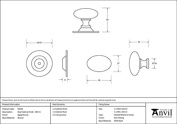 Aged Bronze Oval Cabinet Knob 40mm