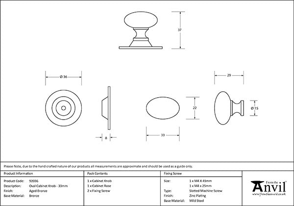 Aged Bronze Oval Cabinet Knob 33mm