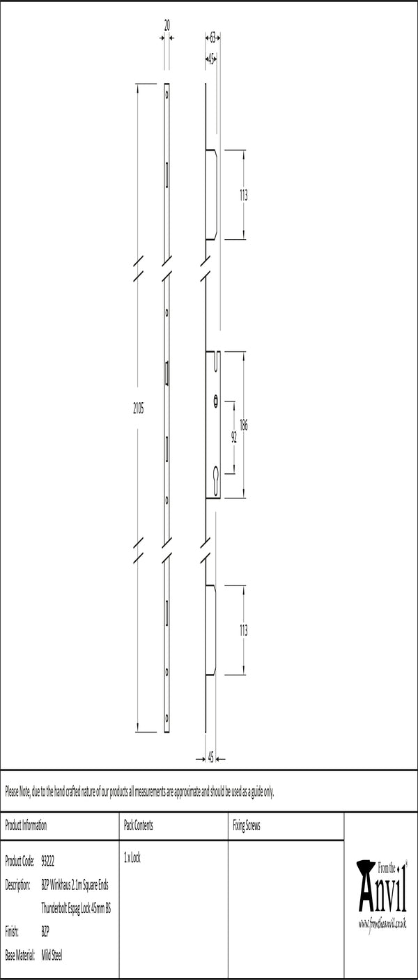 BZP Winkhaus 2.1m Square Ends Thunderbolt Espag Lock 45mm BS