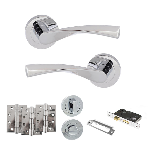 Eco Aqua Door Handle Pack (Bathroom Set - 2.5" CE Bathroom Lock, 4" Fire Rated Hinges x3) by Atlantic Hardware