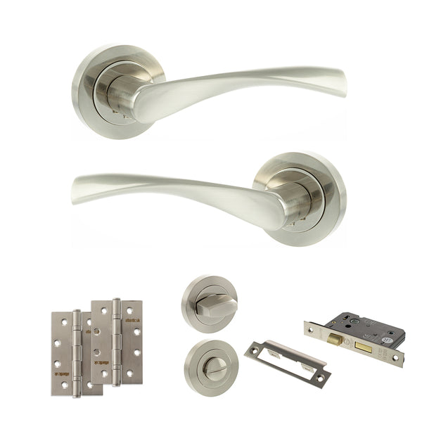 Eco Aqua Door Handle Pack (Bathroom Set - 3" CE Bathroom Lock, 4" Slim Knuckle Hinges x2) by Atlantic Hardware