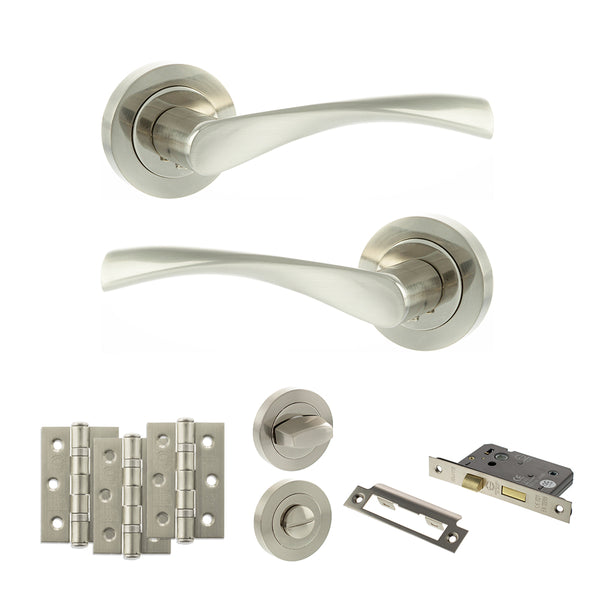 Eco Aqua Door Handle Pack (Bathroom Set - 3" CE Bathroom Lock, 3" Fire Rated Hinges x3) by Atlantic Hardware