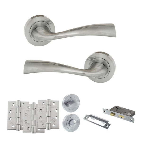 Eco Wave Door Handle Pack (Bathroom Set - 3" CE Bathroom Lock, 4" Fire Rated Hinges x3) by Atlantic Hardware