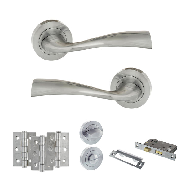 Eco Wave Door Handle Pack (Bathroom Set - 3" CE Bathroom Lock, 3" Fire Rated Hinges x3) by Atlantic Hardware